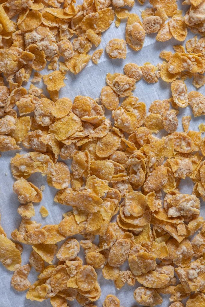 Cornflake crunch after baking for this vegan chocolate chip cookies recipe