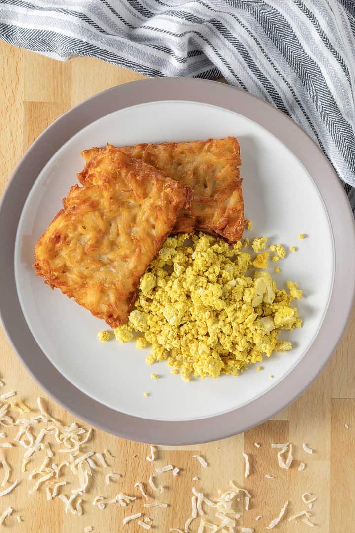 You can make this hash brown patty recipe in rectangles and serve with tofu scramble