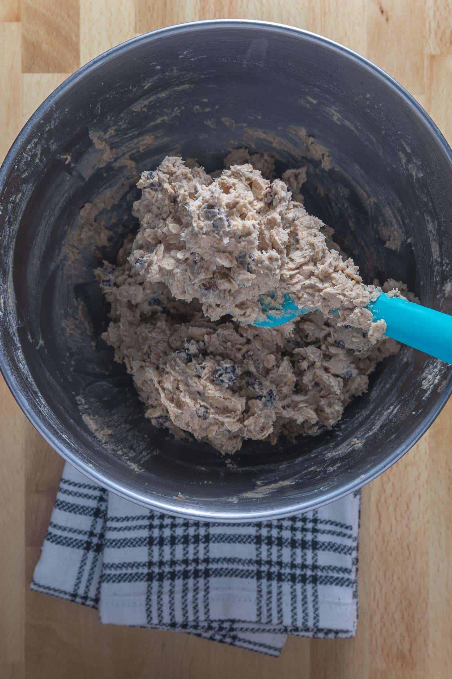 Folding the raisins into the other ingredients