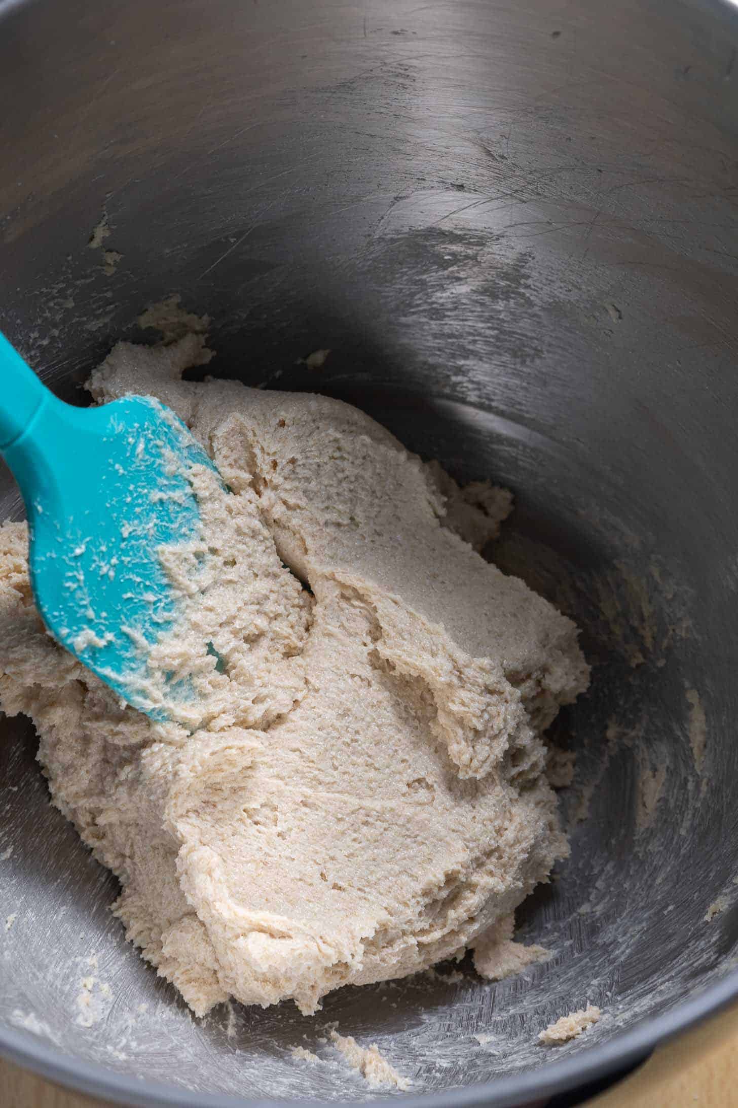 Butter and sugar creamed for the vegan chocolate chip cookie recipe