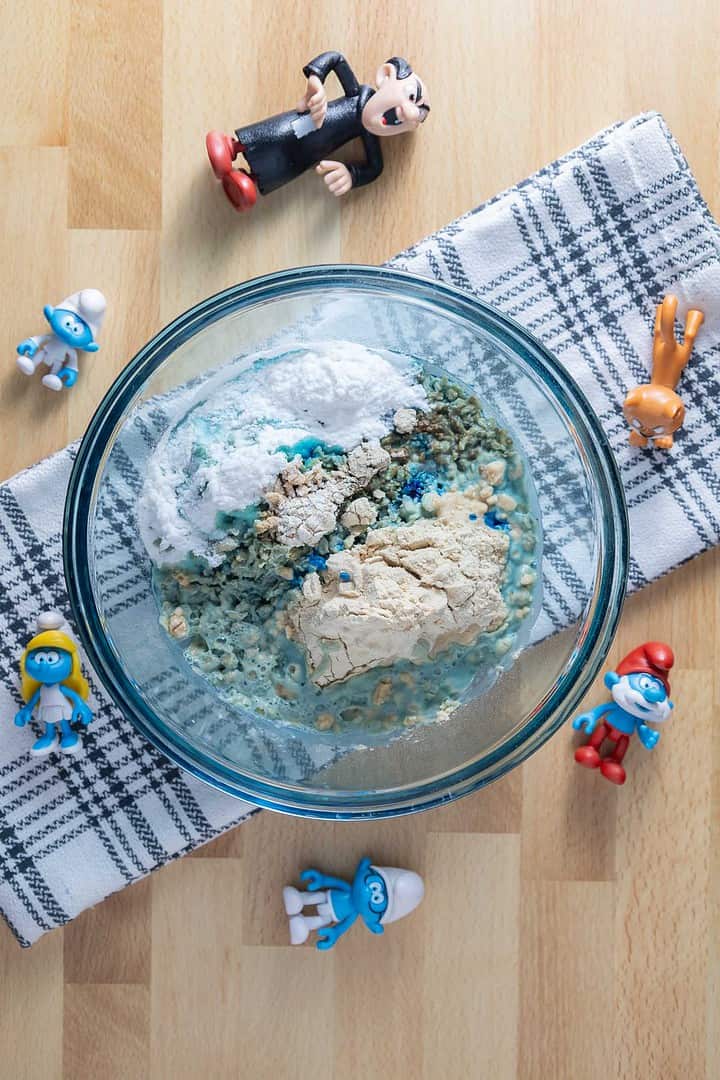 Wet ingredients added to the dry for the Impossible Smurf mix