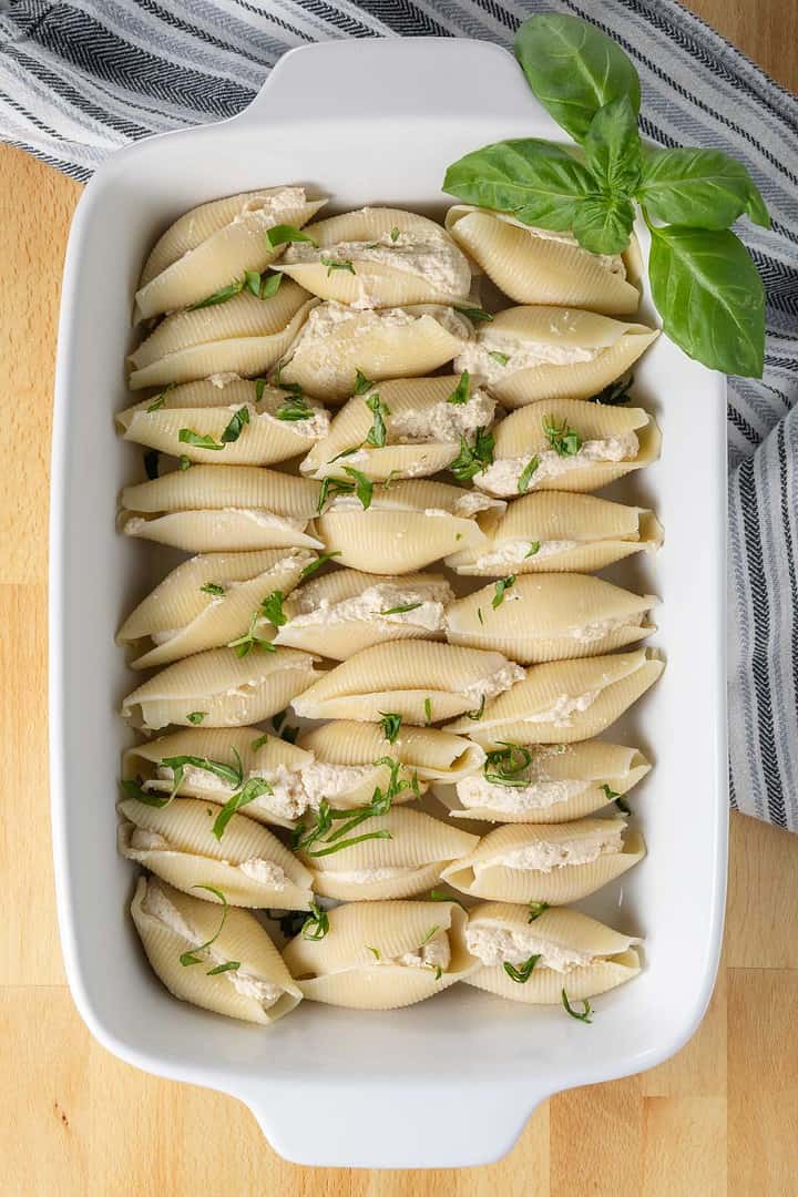 Vegan ricotta cheese in the stuffed shells made with the help of a baggie to make this vegan ricotta recipe