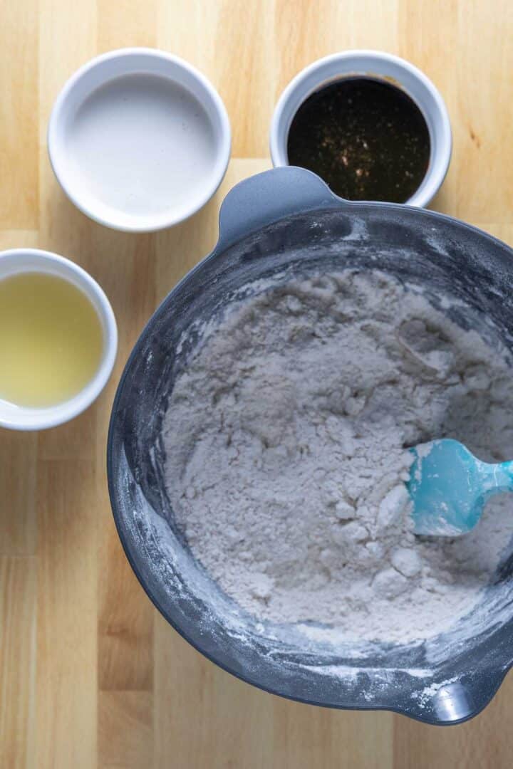 Grated butter incorporated into the dry ingredients for the vegan scone recipe