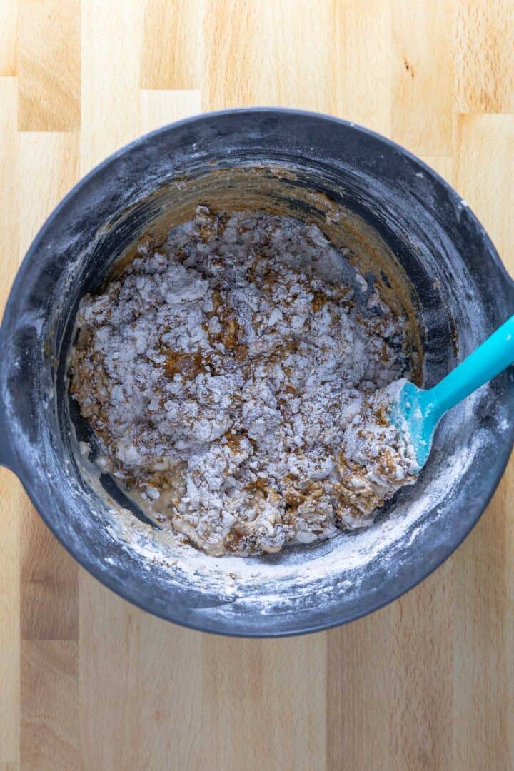 All of the ingredients mixed into a rough dough for the vegan gingerbread scones