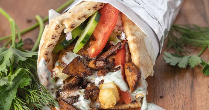 The final result of this vegan gyros recipe all wrapped up