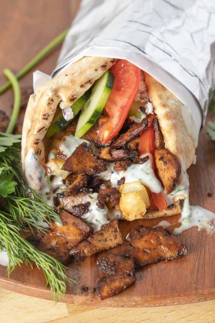 Pita with a plant based tzatziki made with this vegan gyro recipe