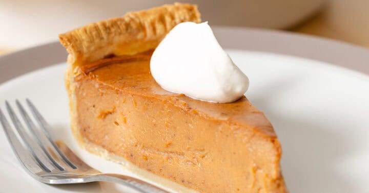 Slice of sweet potato pie made with silken tofu