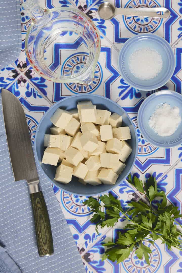 Cubed tofu ready for this recipe