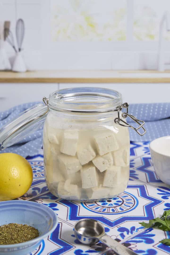 Front pic of the tofu cubes covered with brine