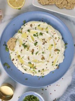 Whipped Feta Dip featured image for this post with a plat of the dip made by the recipe